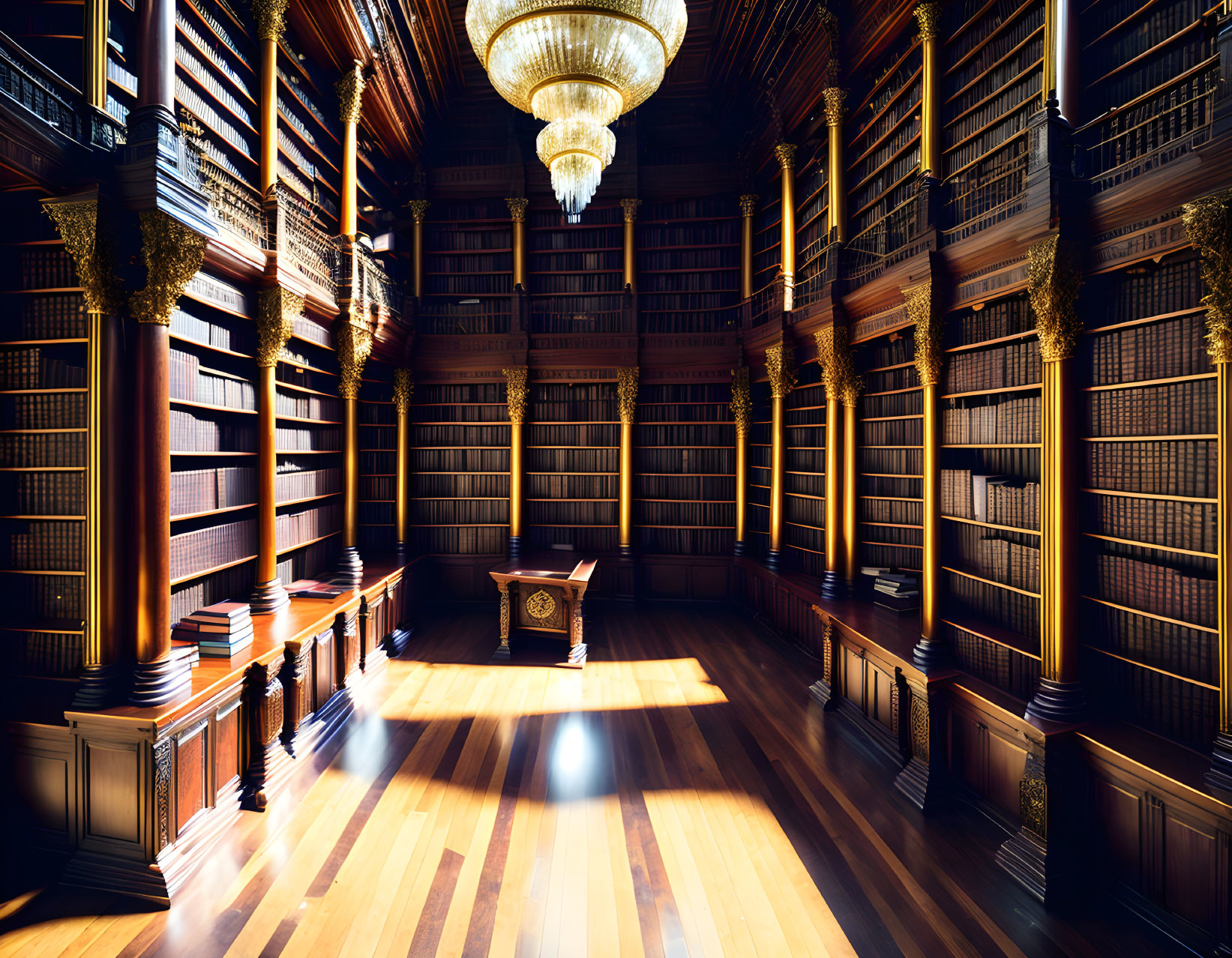 Luxurious Wooden Library with Towering Bookshelves and Ornate Chandelier