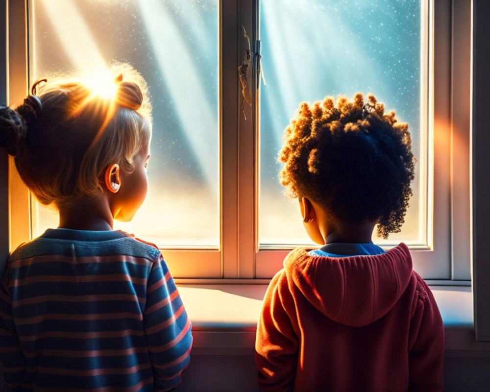 Children admiring starry night sky through window at night.