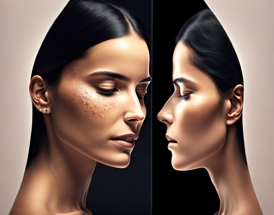 Mirrored profile portraits before and after makeup application showing contouring.