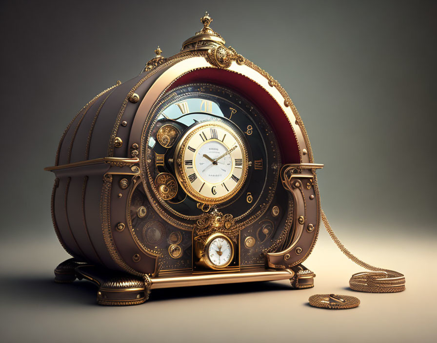 Steampunk-style clock with Roman numerals and gold detailing