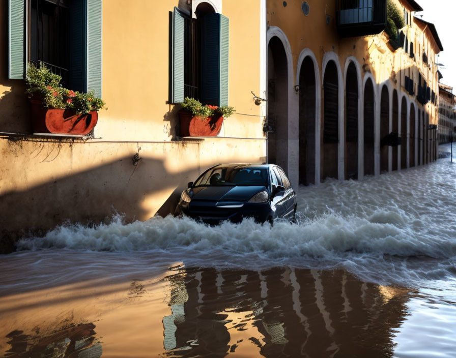 Submerged Car in Floodwaters Reflecting Buildings and Light