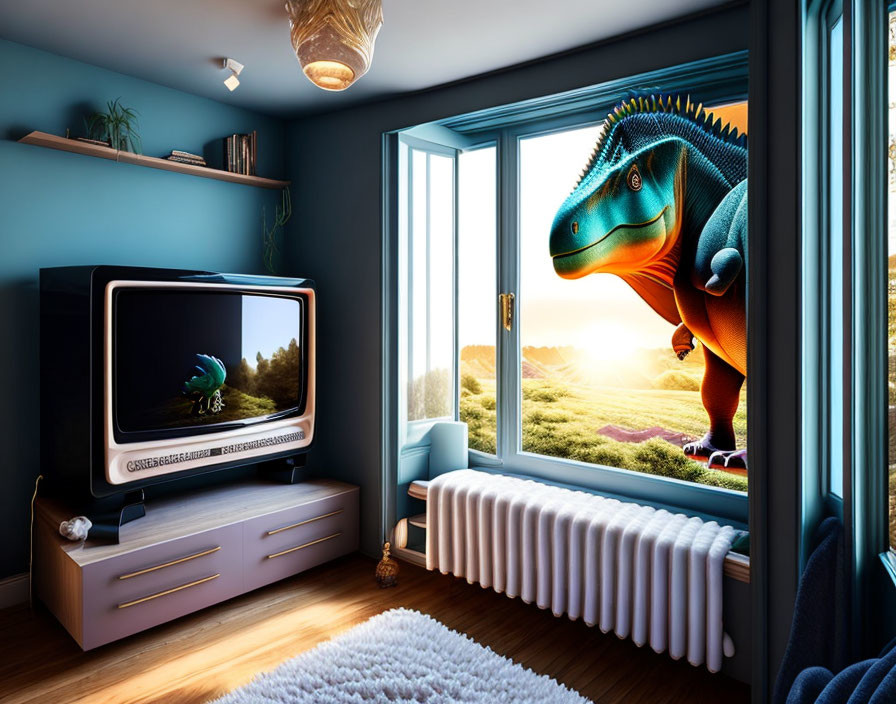 Dinosaur in modern room with vintage TV and scenic view.