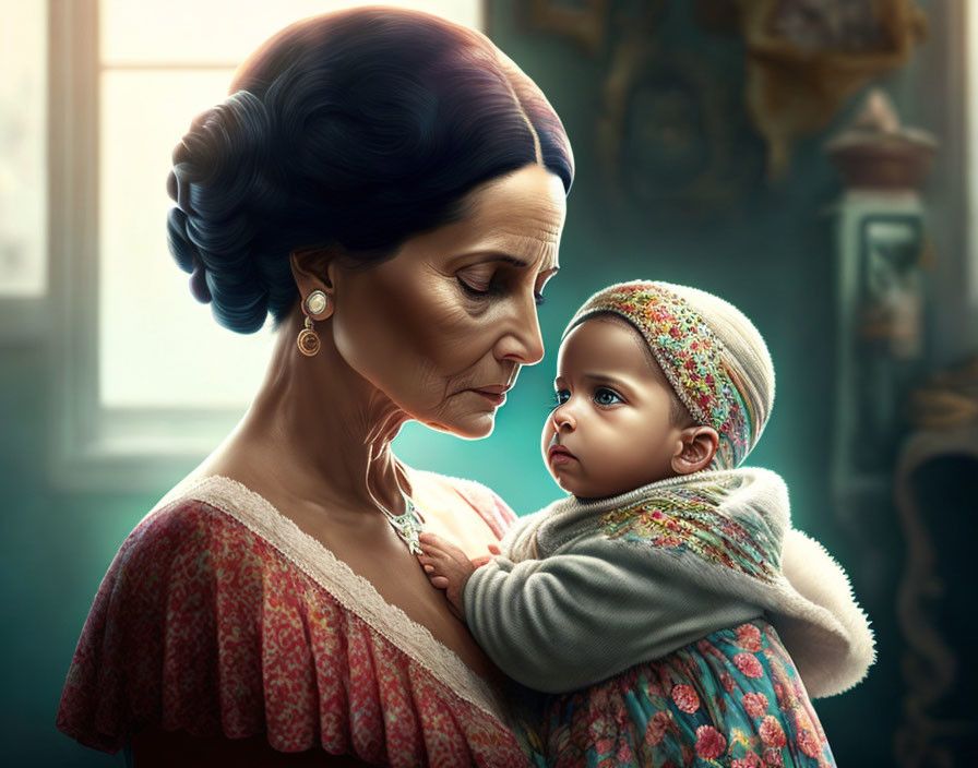 Elderly woman with bun hairstyle holds baby in cozy outfit