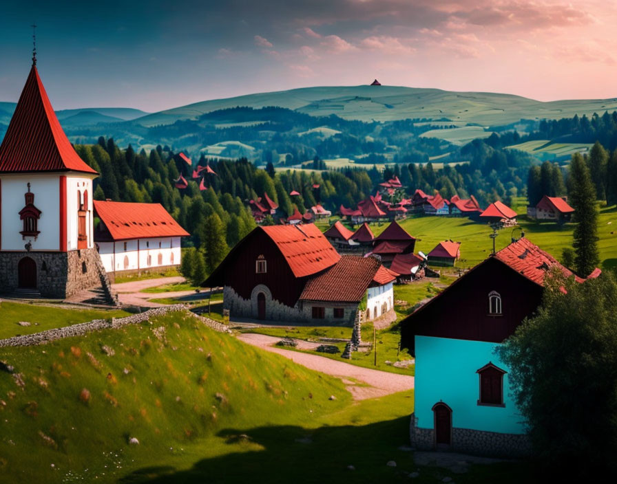 Picturesque village with red-roofed houses and white church in lush green landscape