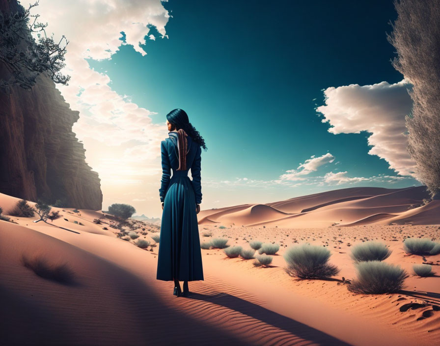 Woman in Blue Dress Stands in Desert Landscape