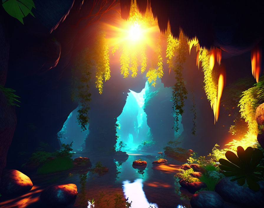 Mystical Cave with Glowing Blue Entrance and Sunbeams