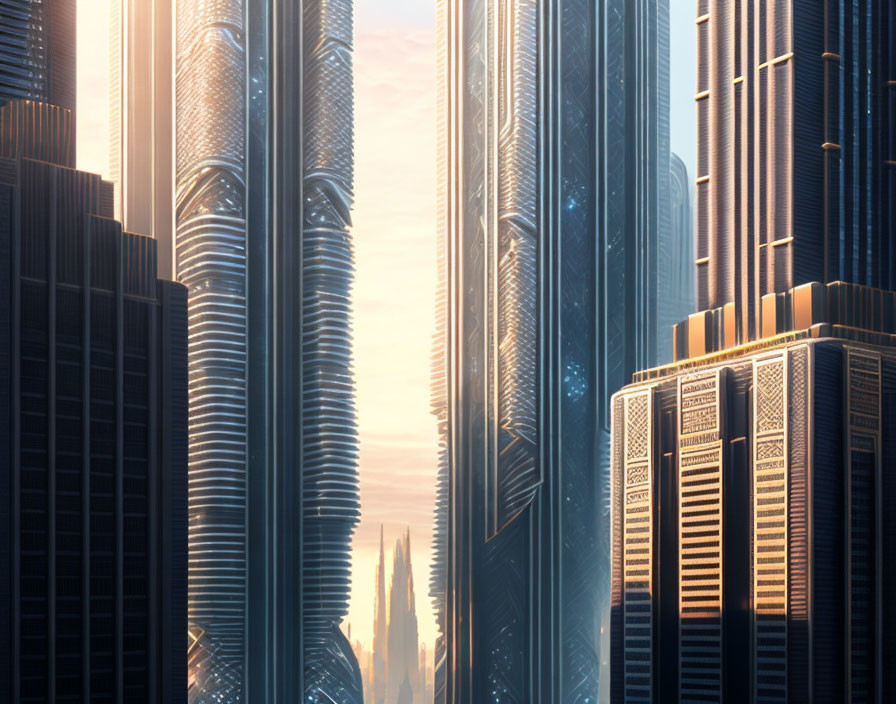 Golden Sunlight Illuminates Futuristic Cityscape Skyscrapers