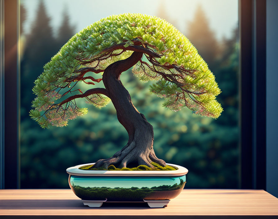 Dense green bonsai tree in oval pot on wooden surface