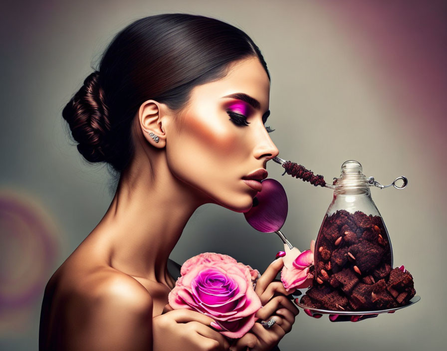 Woman with dramatic makeup holding pink rose and jar of cookies applies cookie to lips.