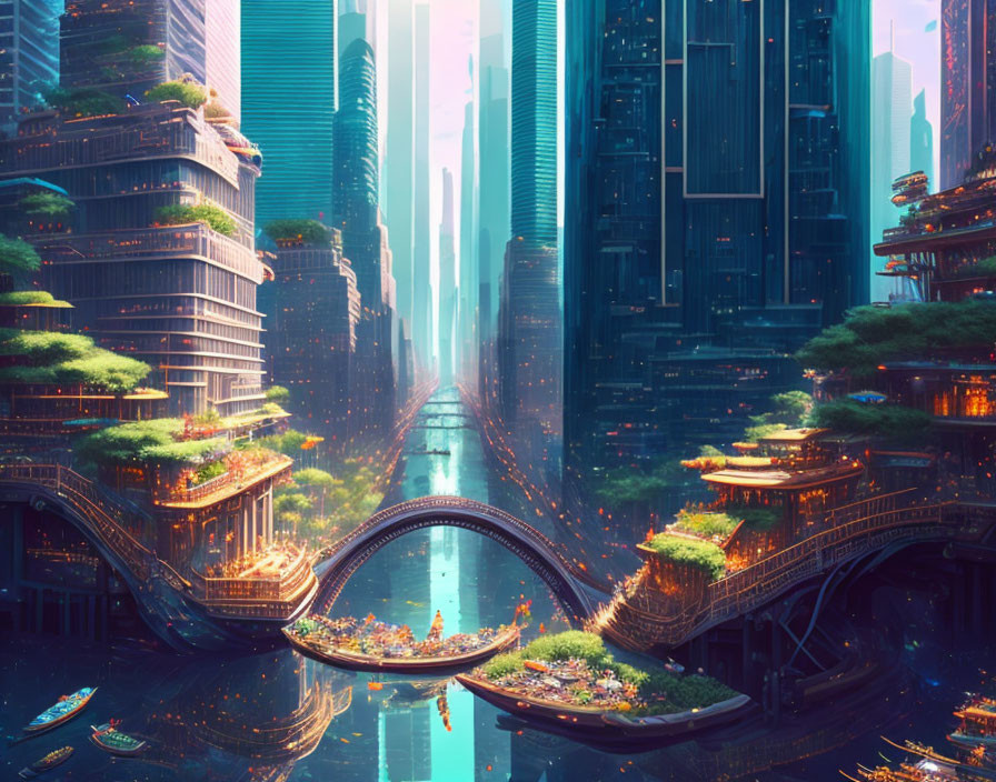 Futuristic cityscape with lush greenery, skyscrapers, river, bridges, boats