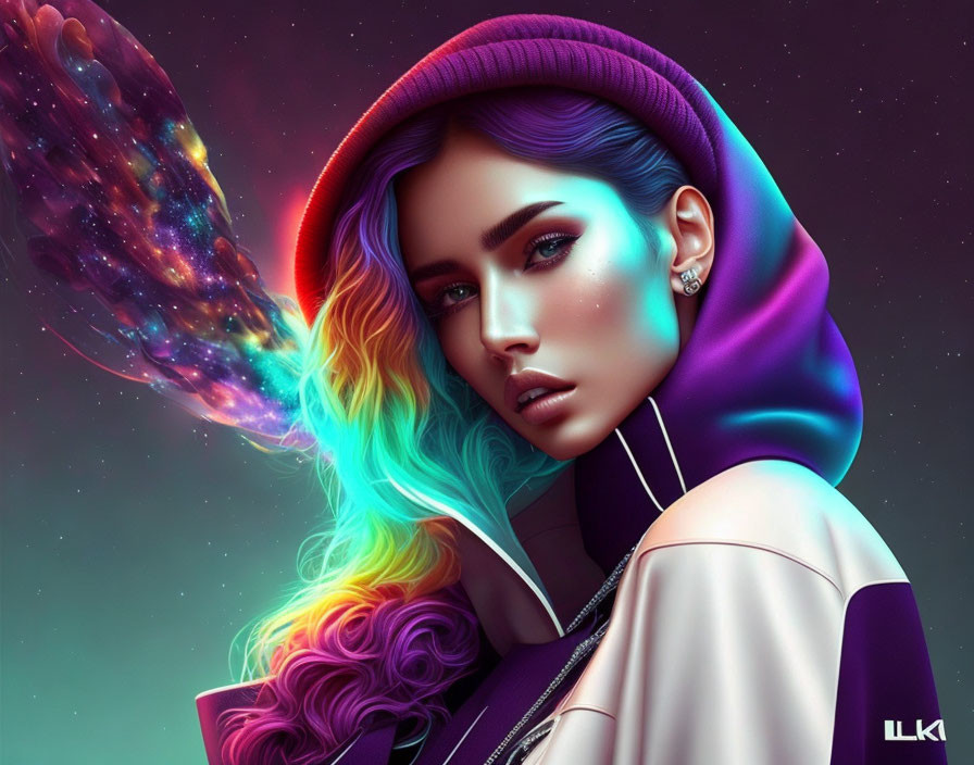 Colorful digital artwork of woman with rainbow hair in cosmic setting.