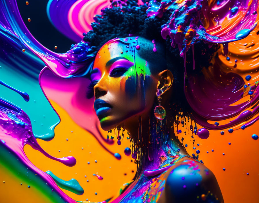 Colorful Paint Splashes Surround Woman in Vivid Portrait