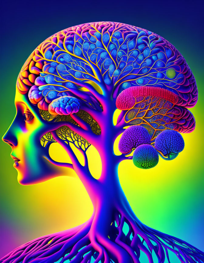 Colorful human profile merging with tree in vibrant illustration