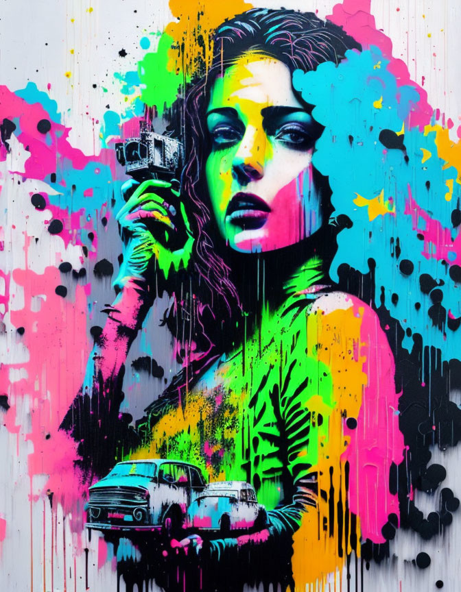 Colorful street art with woman, camera, neon paints, and classic car.