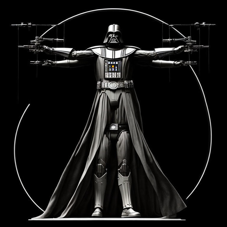 Symmetrical character in black armor and cape with outstretched arms and circular designs.