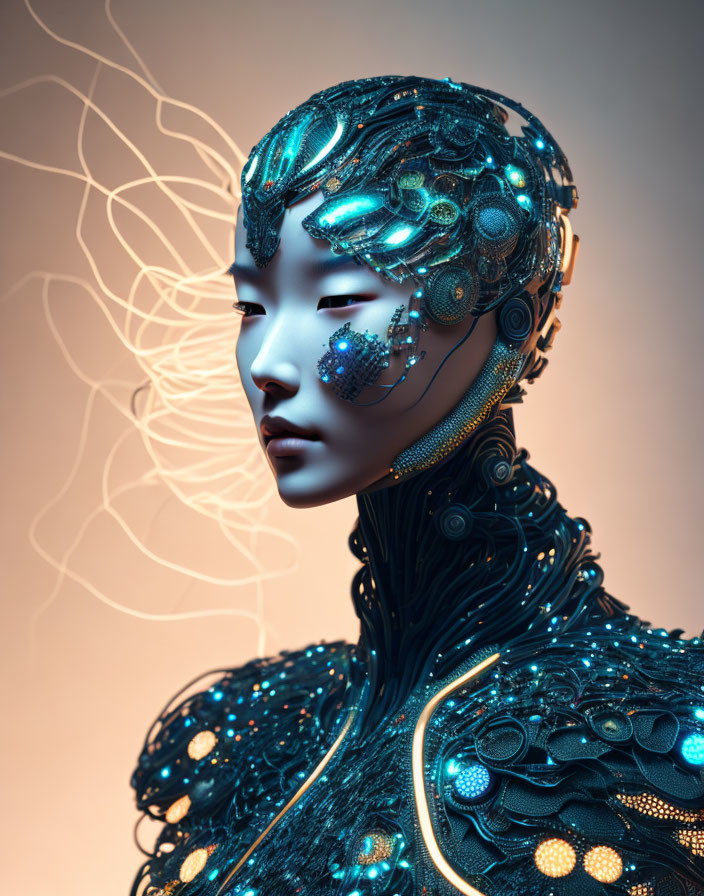 Female Android Digital Artwork with Blue Circuitry and Glowing Elements