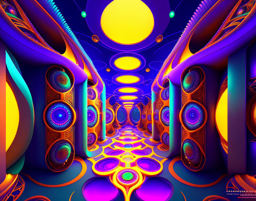 Symmetrical neon-lit abstract tunnel in vibrant colors