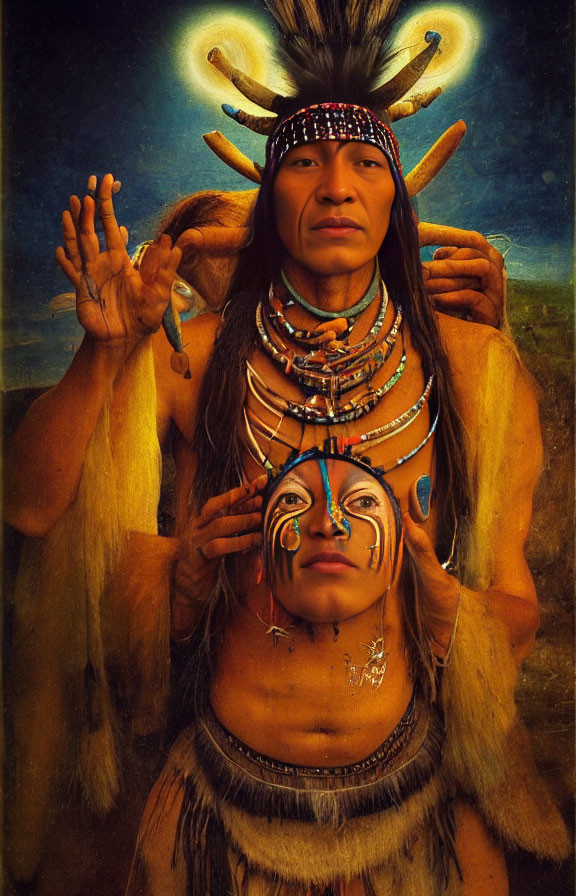 Native American person in regalia with feather headdress and jewelry, making a gesture.