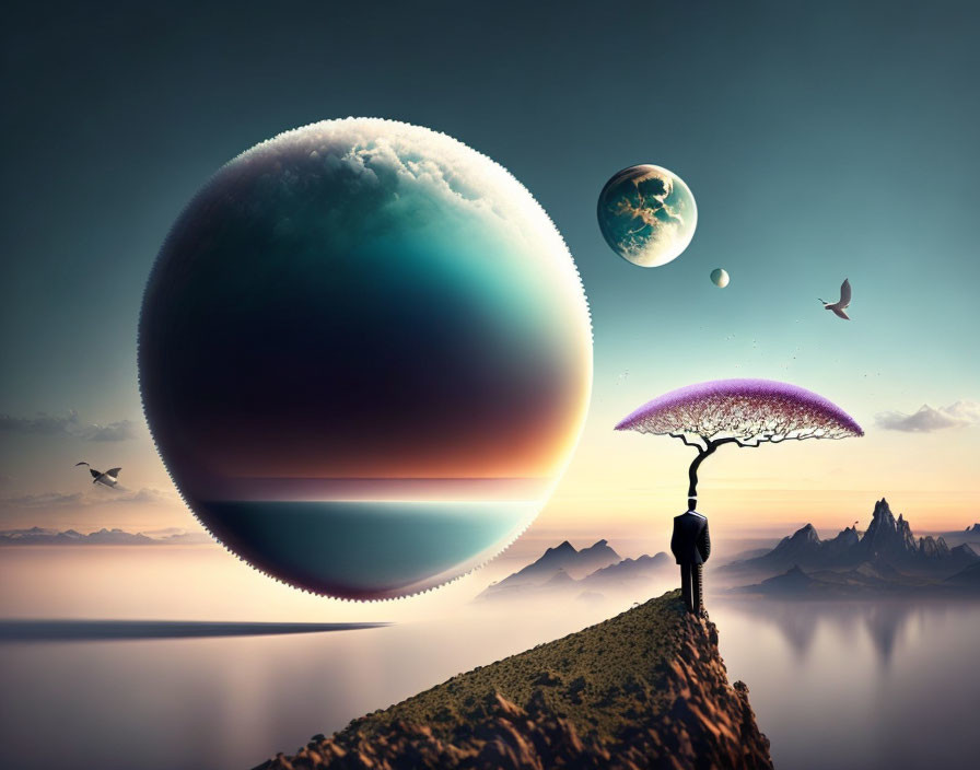 Person under purple tree gazes at massive planets in surreal landscape