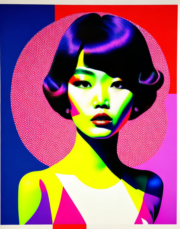 Colorful Pop Art Style Digital Portrait of Woman with Retro Hairstyle