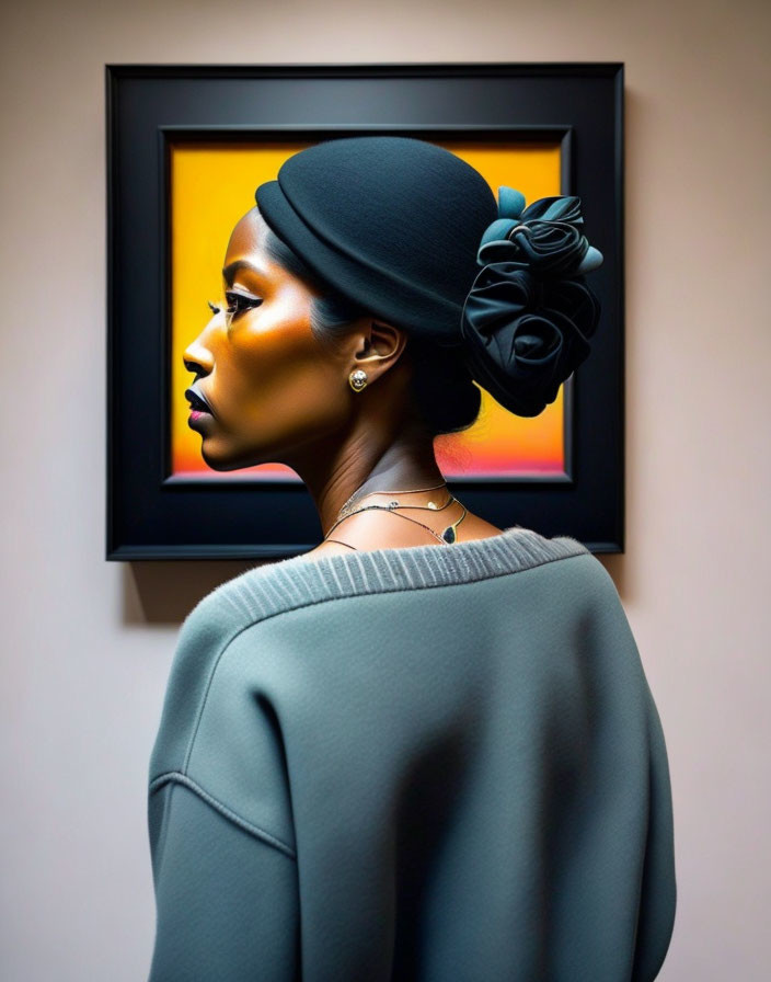 Portrait of woman with headwrap, grey sweater, stud earring on warm background in black frame