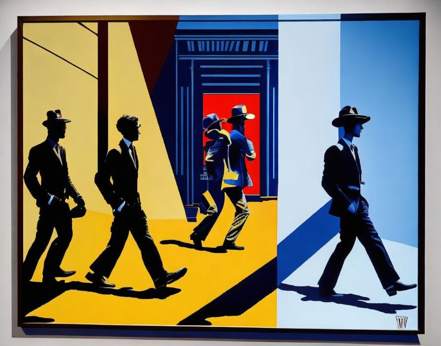 Stylized painting of four men in suits and hats on blue and yellow panels