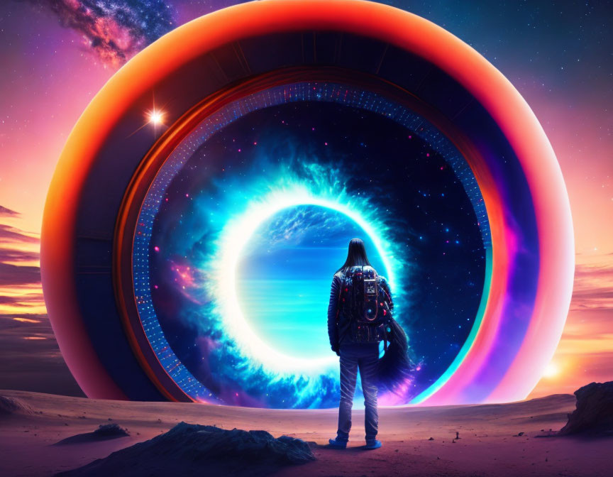 Person standing before massive glowing portal on sandy terrain, gazing at star-filled vortex.