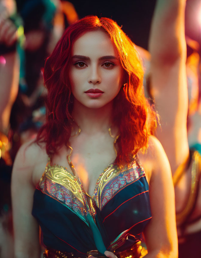 Red-haired woman in colorful dress under warm lighting