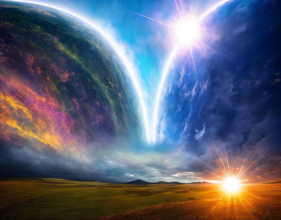 Surreal landscape with vast grassland and enormous planet in sky