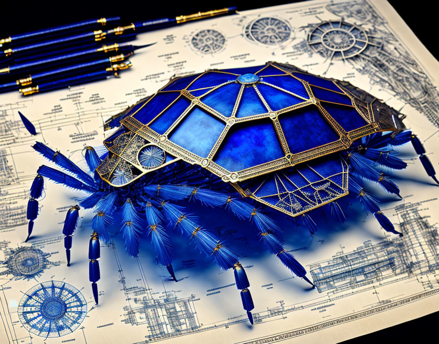 Jeweled Turtle Sculpture on Sapphire Shell with Mechanical Blueprints