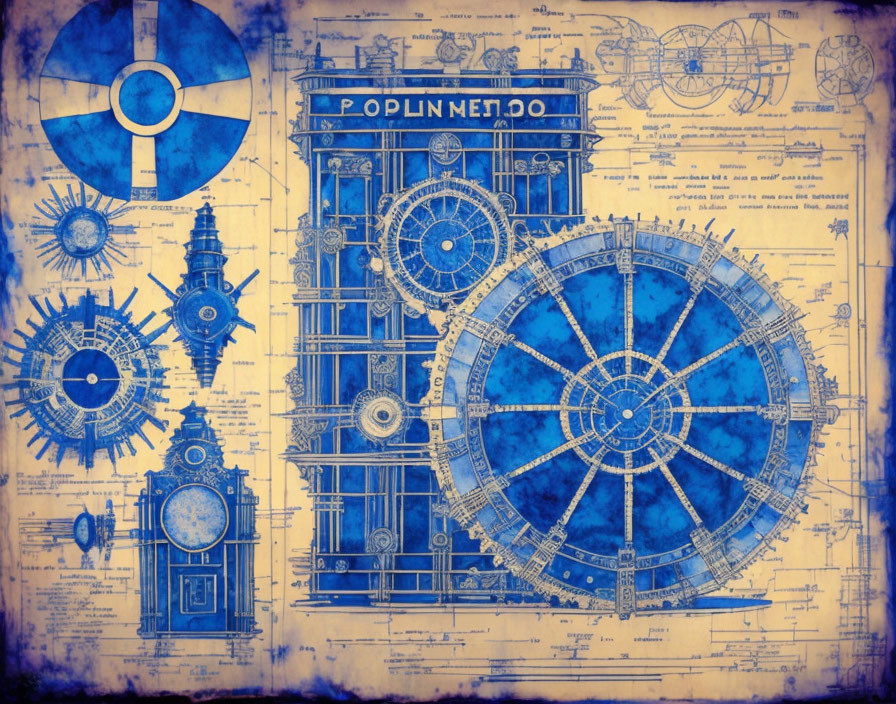 Detailed vintage mechanical blueprint with cogs and gears on blue background