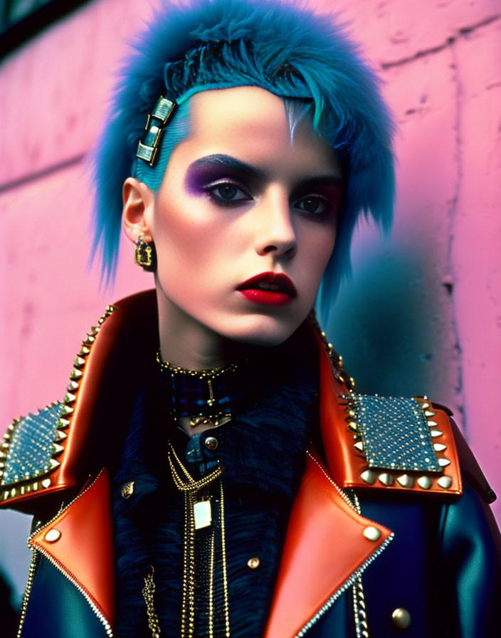 Vibrant blue hair, purple eyeshadow, studded leather attire on pink background