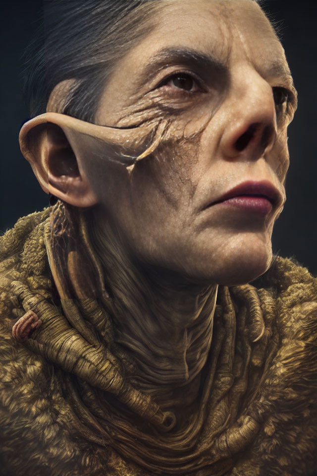 Detailed Artwork: Elf-like Ears, Wrinkled Skin, Layered Neck Attire on