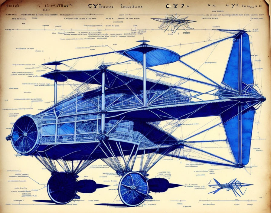 Detailed Vintage Blueprint of Early Multi-Wing Aircraft