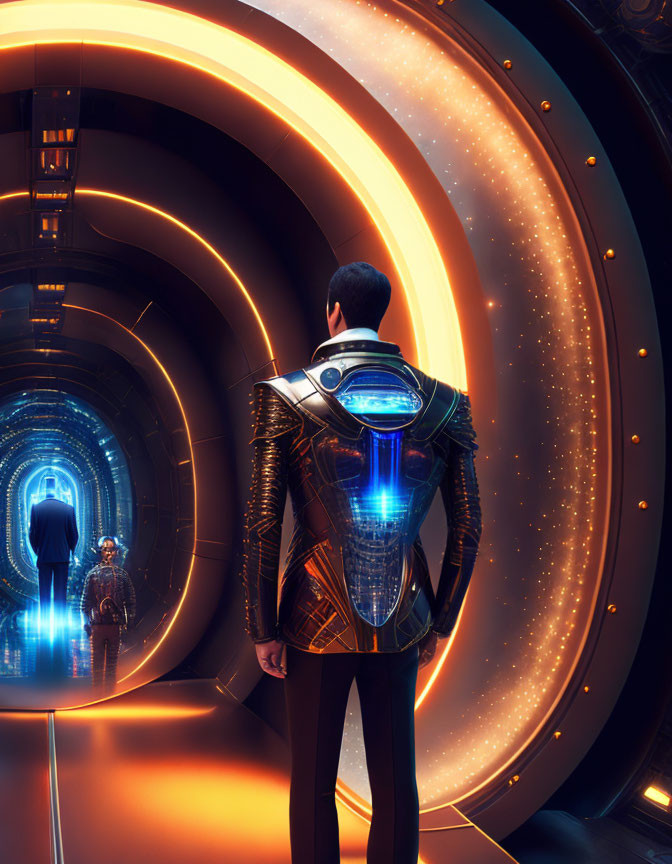 Futuristic armor figure in neon-lit corridor with distant silhouette