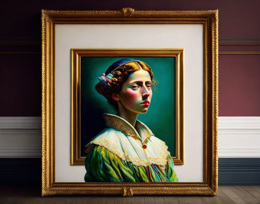 Colorful framed portrait of contemplative woman in period outfit on dark wall