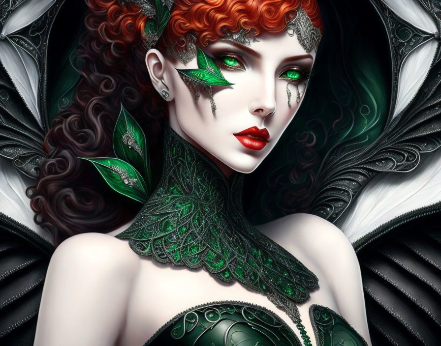 Fantasy digital art of pale-skinned figure with red hair and leaf accessories