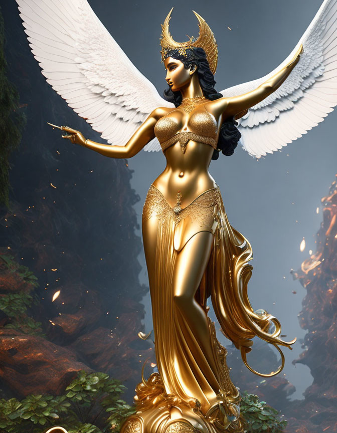 Golden angelic figure with wings in forested background