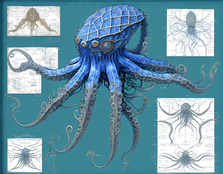 Blue octopus with biomechanical elements and schematics on board