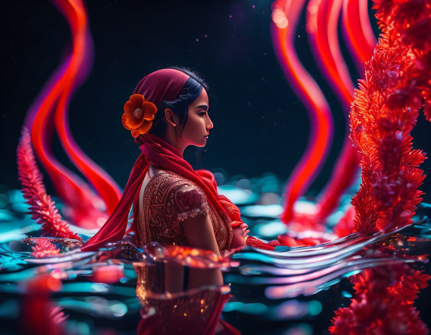 Traditional Attire Woman Contemplating Among Red Flora on Blue Background