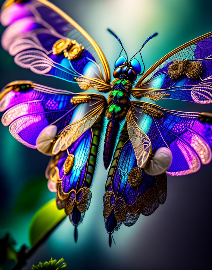 Vibrant dragonfly with blue-purple wings on plant stem