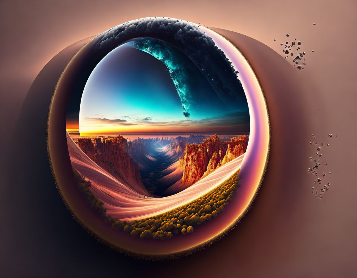 Circular Frame Revealing Surreal Landscape with Desert Cliffs