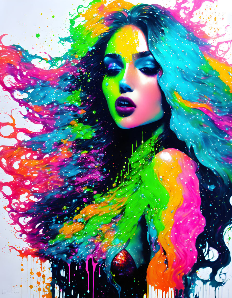 Colorful Woman Artwork with Paint Splashes: Abstract and Dynamic