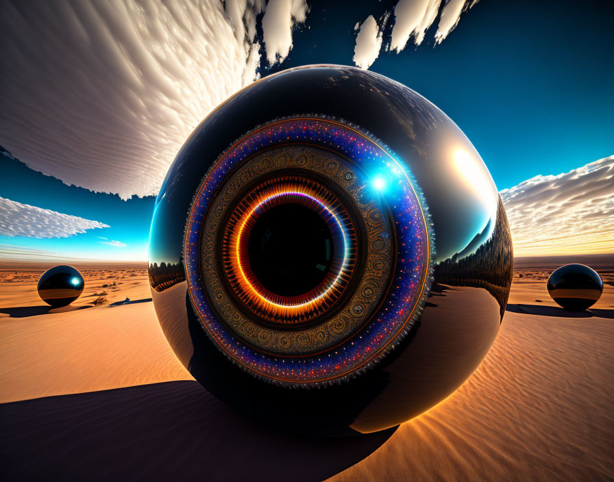 Ornate spheres in surreal desert landscape at sunrise or sunset