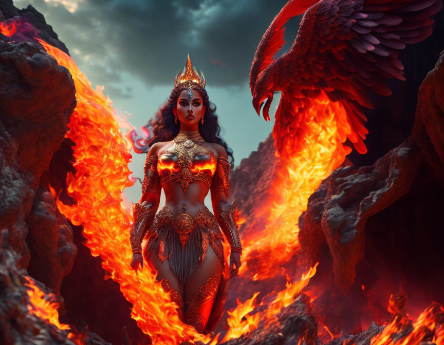 Majestic warrior queen in golden armor with mythical phoenix in fiery landscape