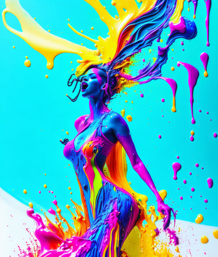 Colorful neon paint splashes on woman in vibrant image