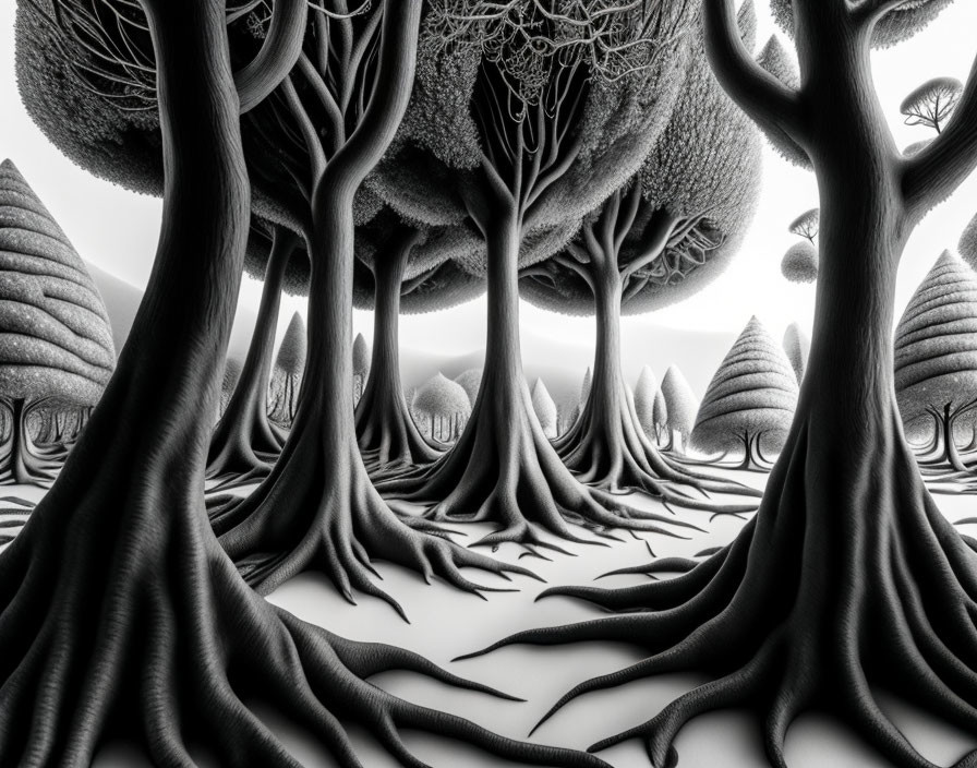 Monochrome fractal forest with surreal tree shapes