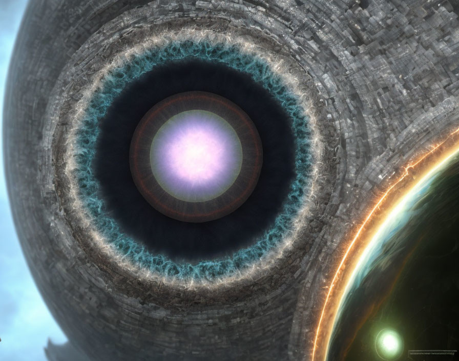 Giant mechanical ring structure orbiting planet with pulsating lights