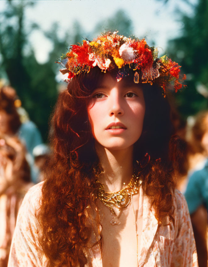 Red-haired woman in floral crown and gold necklace in serene outdoor setting