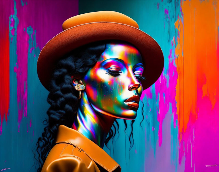 Colorful digital artwork: Woman with braided hairstyle and hat on neon paint drip background